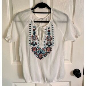 Lucky Brand White Embroidered Short Sleeve Boho Blouse